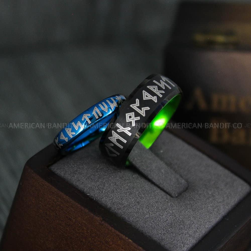 IMG_4444 Til Valhalla Rings, Viking Rings, Runes Rings, Vegvísir Ring, Couple Nordic Rings, Norsemen Rings, Nordic Runes Rings, Black Tungsten Bands - Image 1