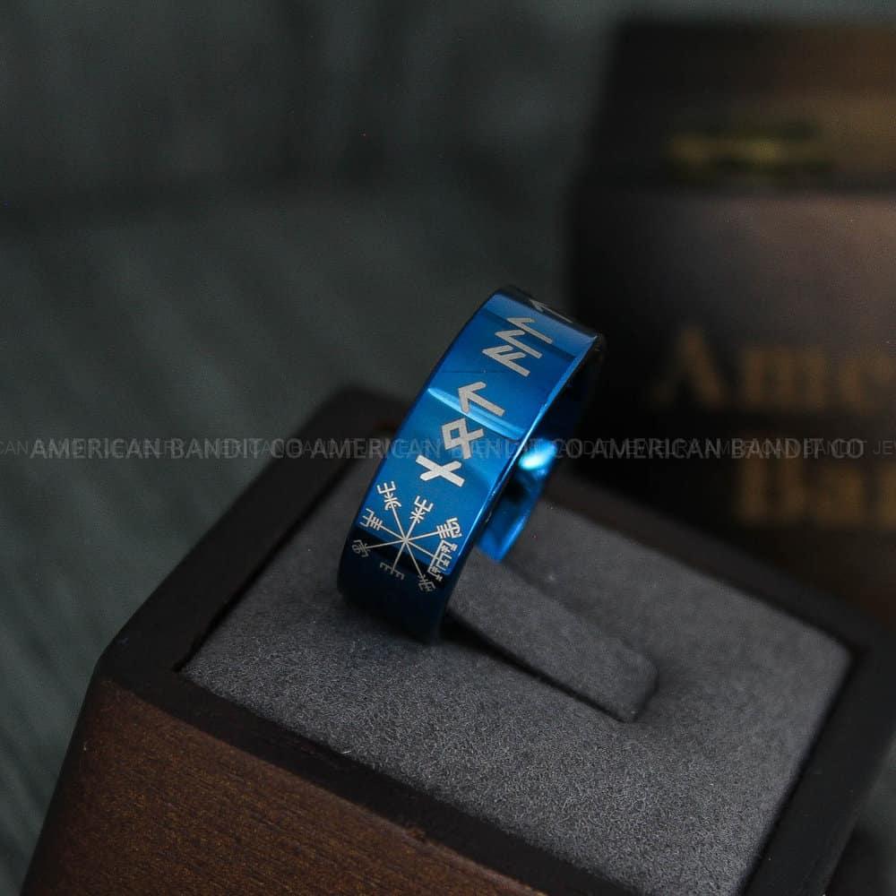 IMG_4445 Til Valhalla Ring, Viking Ring, Runes Ring, Vegvísir Ring, Nordic Ring, Norsemen Ring, Nordic Runes Ring, Blue Tungsten Band - Image 1