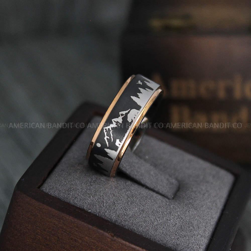 IMG_4449 Forest Ring, Mountain Range Ring, Boreal Forest Ring, 8mm Black Tungsten Ring Fir Trees Ring, Outdoors Landscape Ring, Tungsten Wedding Ring - Image 1