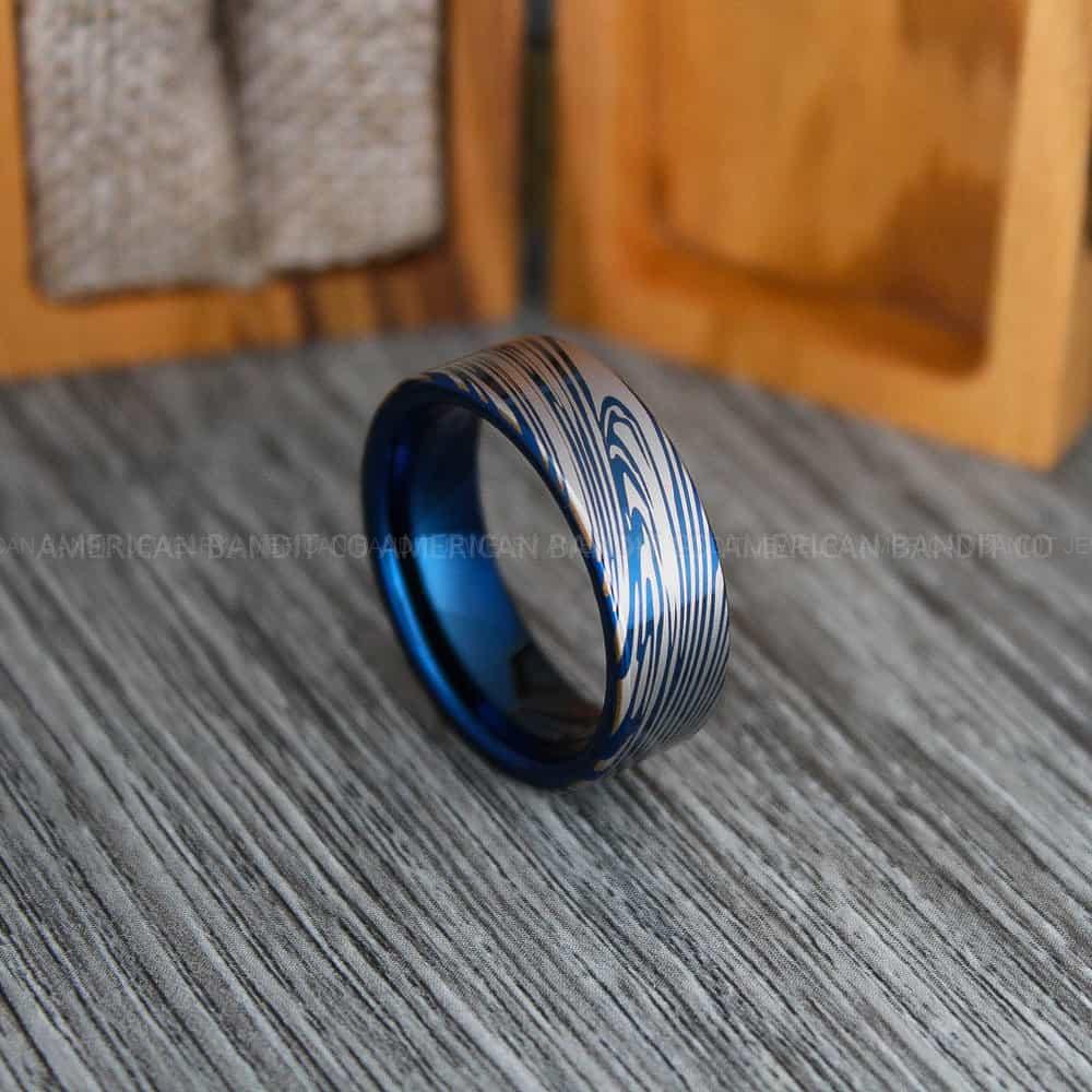 IMG_4464-2 Damascus Steel Ring, Damascus Steel Wedding Ring, Damascus Steel Wedding Band, Blue Wedding Ring, Blue Damascus Steel Wedding Ring - Image 1