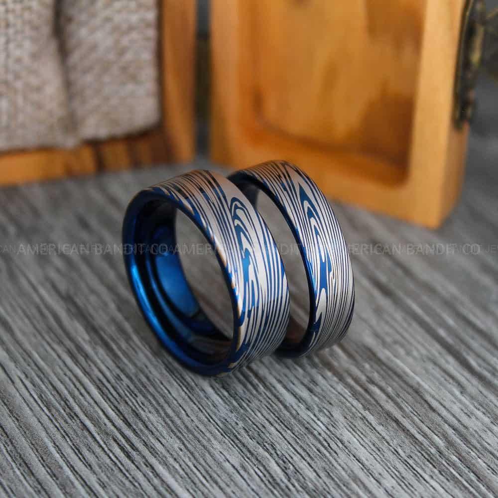 IMG_4465-2 Damascus Steel Rings, Damascus Steel Wedding Rings, Damascus Steel Wedding Bands, Blue Wedding Ring, Blue Damascus Steel Wedding Ring - Image 1