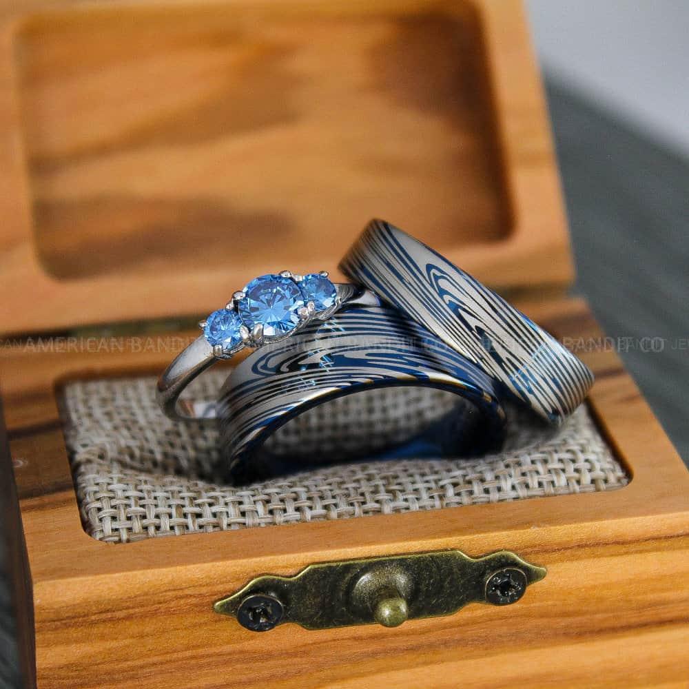 IMG_4468-2 Damascus Steel Rings, Damascus Steel Wedding Rings, Damascus Steel Wedding Bands, Blue Wedding Ring, Blue Damascus Steel Wedding Ring - Image 1