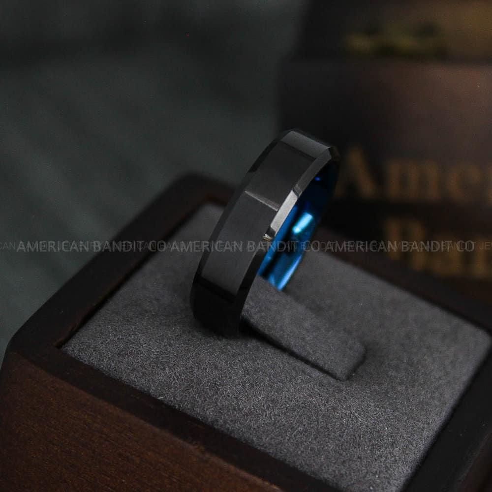 IMG_4497 Black Wedding Band, Black Wedding Ring, Black Tungsten Ring with Beveled Edge Blue Interior - Image 1