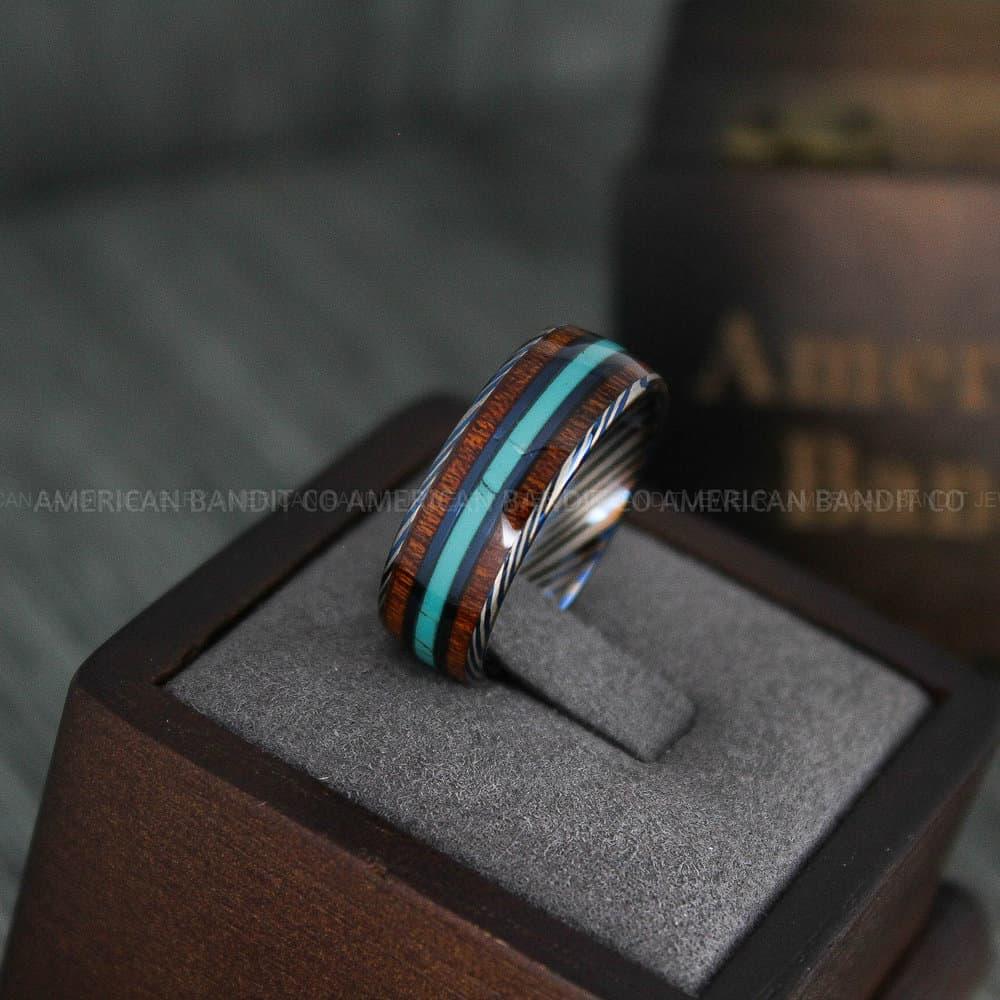 IMG_4512 Turquoise Ring, Wood Ring, Damascus Steel Ring, Turquoise Wedding Ring, Turquoise Wedding Band, Turquoise Jewelry, Blue Wedding Band - Image 1