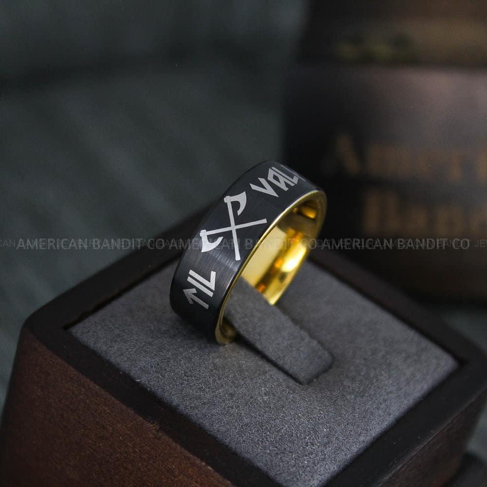 IMG_4525 Til Valhalla Ring, Viking Ring, Runes Ring, Vegvísir Ring, Couple Nordic Ring, Norsemen Ring, Nordic Runes Ring, Black Tungsten Band - Image 1