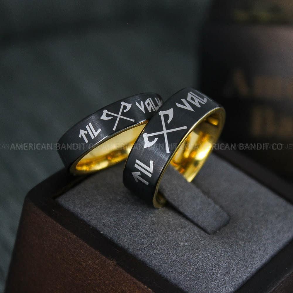 IMG_4526 Til Valhalla Rings, Viking Rings, Runes Rings, Vegvísir Ring, Couple Nordic Rings, Norsemen Rings, Nordic Runes Rings, Black Tungsten Bands - Image 1