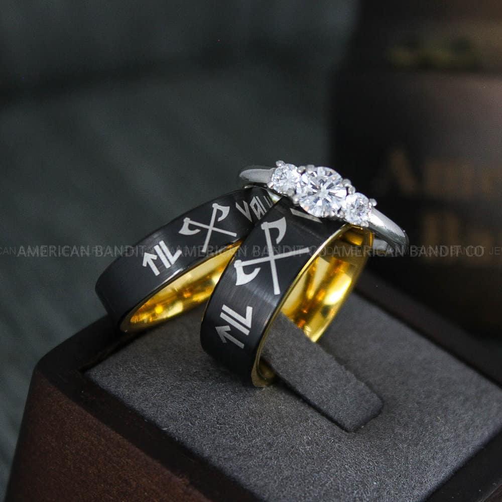 IMG_4527 Til Valhalla Rings, Viking Rings, Runes Rings, Vegvísir Ring, Couple Nordic Rings, Norsemen Rings, Nordic Runes Rings, Black Tungsten Bands - Image 1