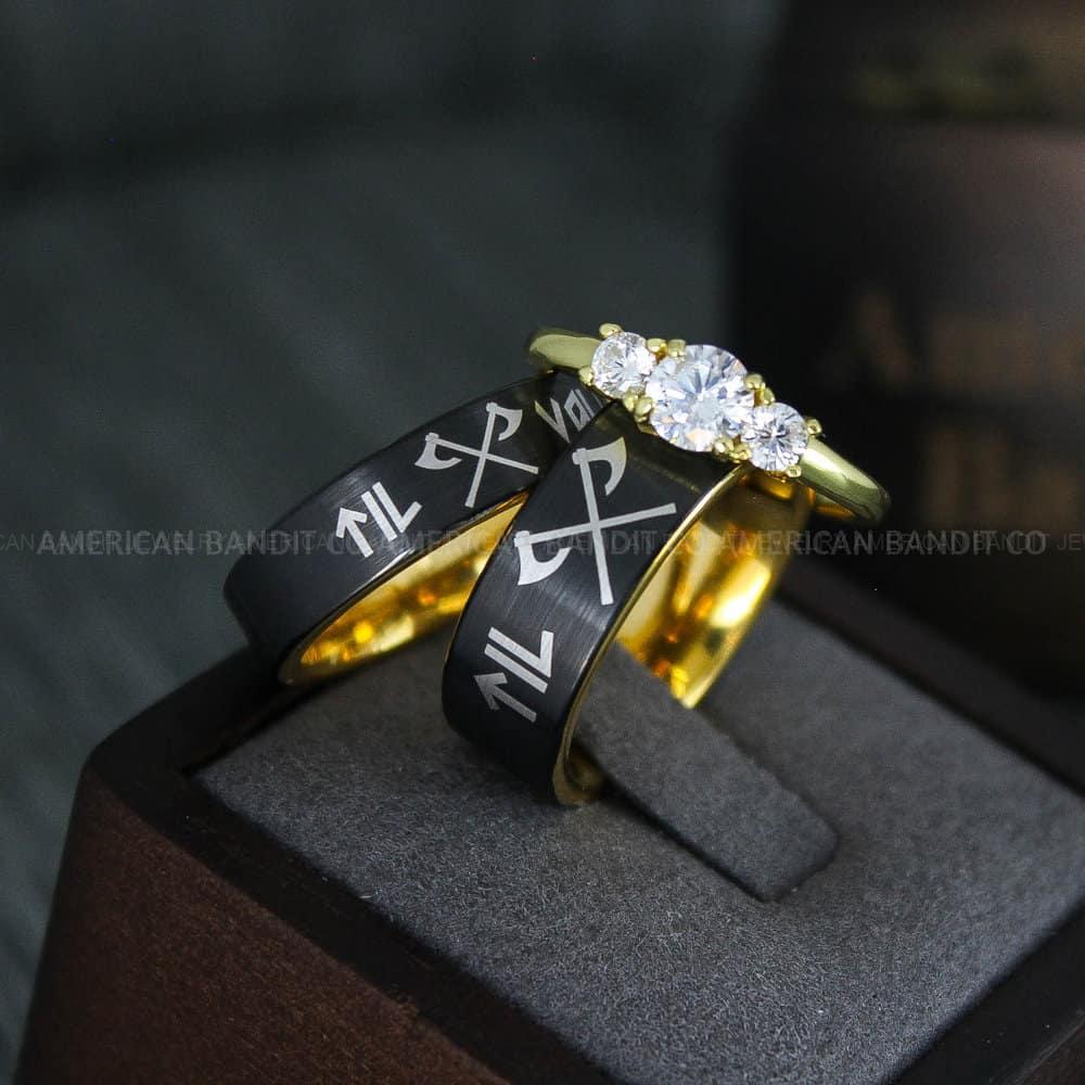 IMG_4528 Til Valhalla Rings, Viking Rings, Runes Rings, Vegvísir Ring, Couple Nordic Rings, Norsemen Rings, Nordic Runes Rings, Black Tungsten Bands - Image 1