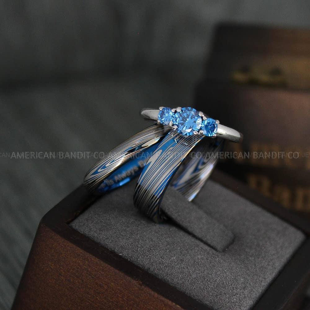 IMG_4552 Damascus Steel Rings, Damascus Steel Wedding Rings, Damascus Steel Wedding Bands, Blue Wedding Ring, Blue Damascus Steel Wedding Ring - Image 1