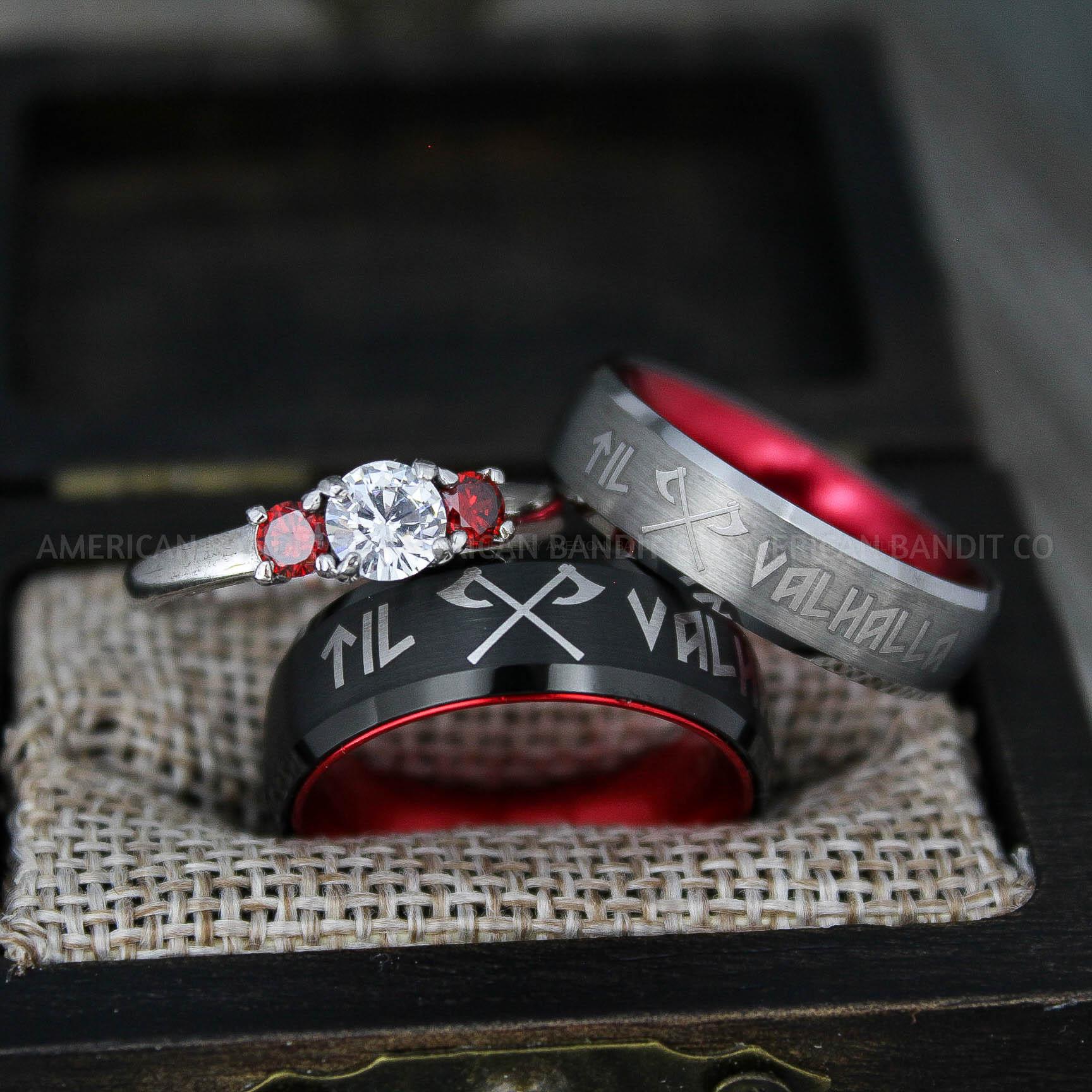 IMG_2709 Til Valhalla Rings, Viking Rings, Runes Rings, Vegvísir Ring, Couple Nordic Rings, Norsemen Rings, Nordic Runes Rings, Black Tungsten Bands - Image 1