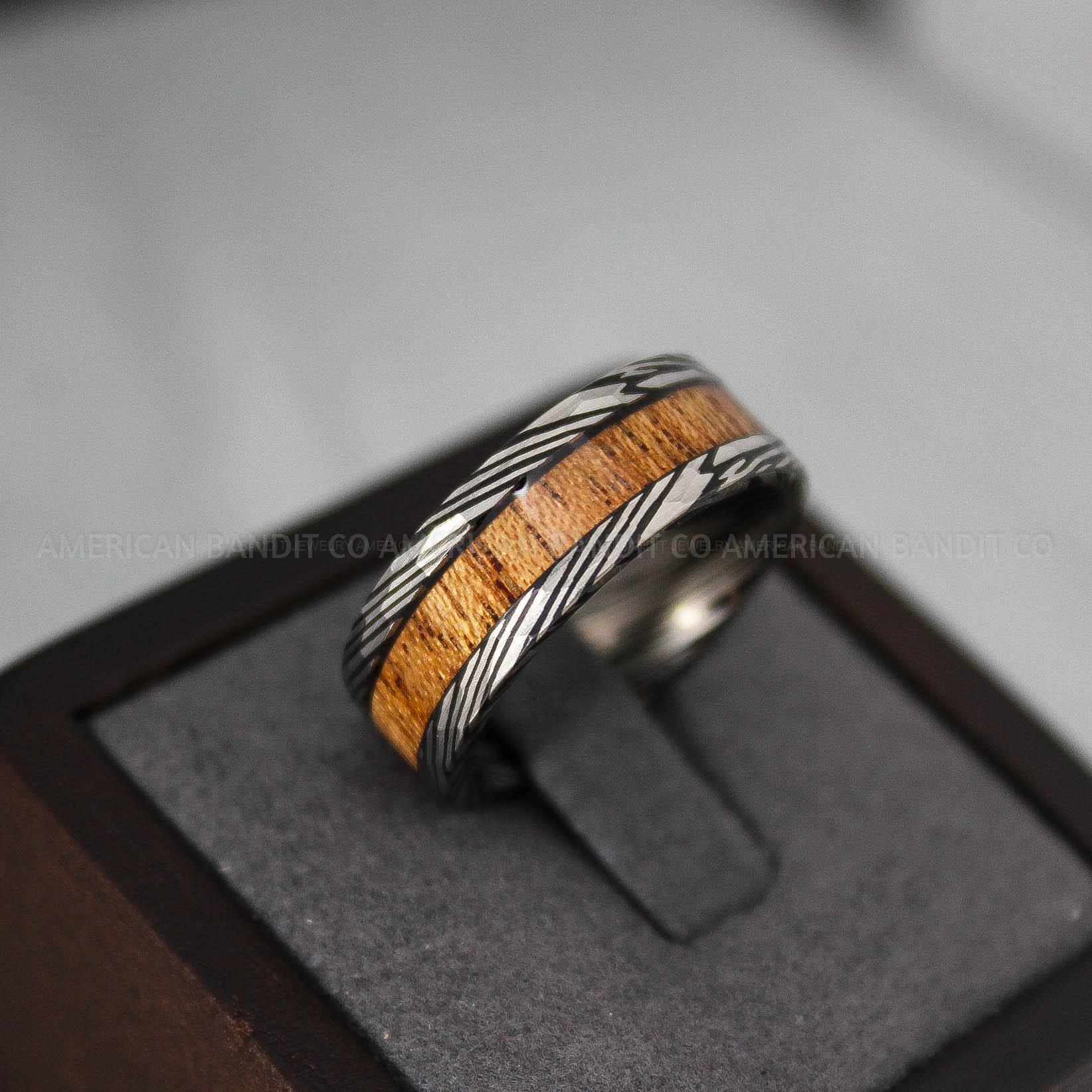 IMG_3012 Damascus Steel Ring, Damascus Steel Wedding Band, Damascus Steel Band, Black Wood Ring, Wood Wedding Ring, Wood Wedding Band, Wood Jewelry - Image 1