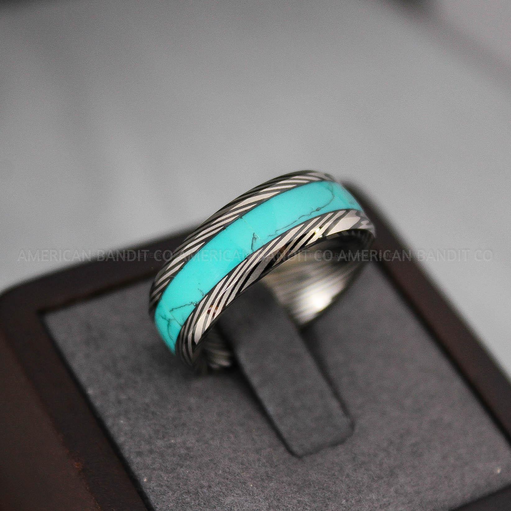 IMG_3013 Damascus Steel Ring, Damascus Steel Wedding Band, Black Turquoise Ring, Turquoise Wedding Ring, Turquoise Wedding Band, Turquoise Jewelry - Image 1