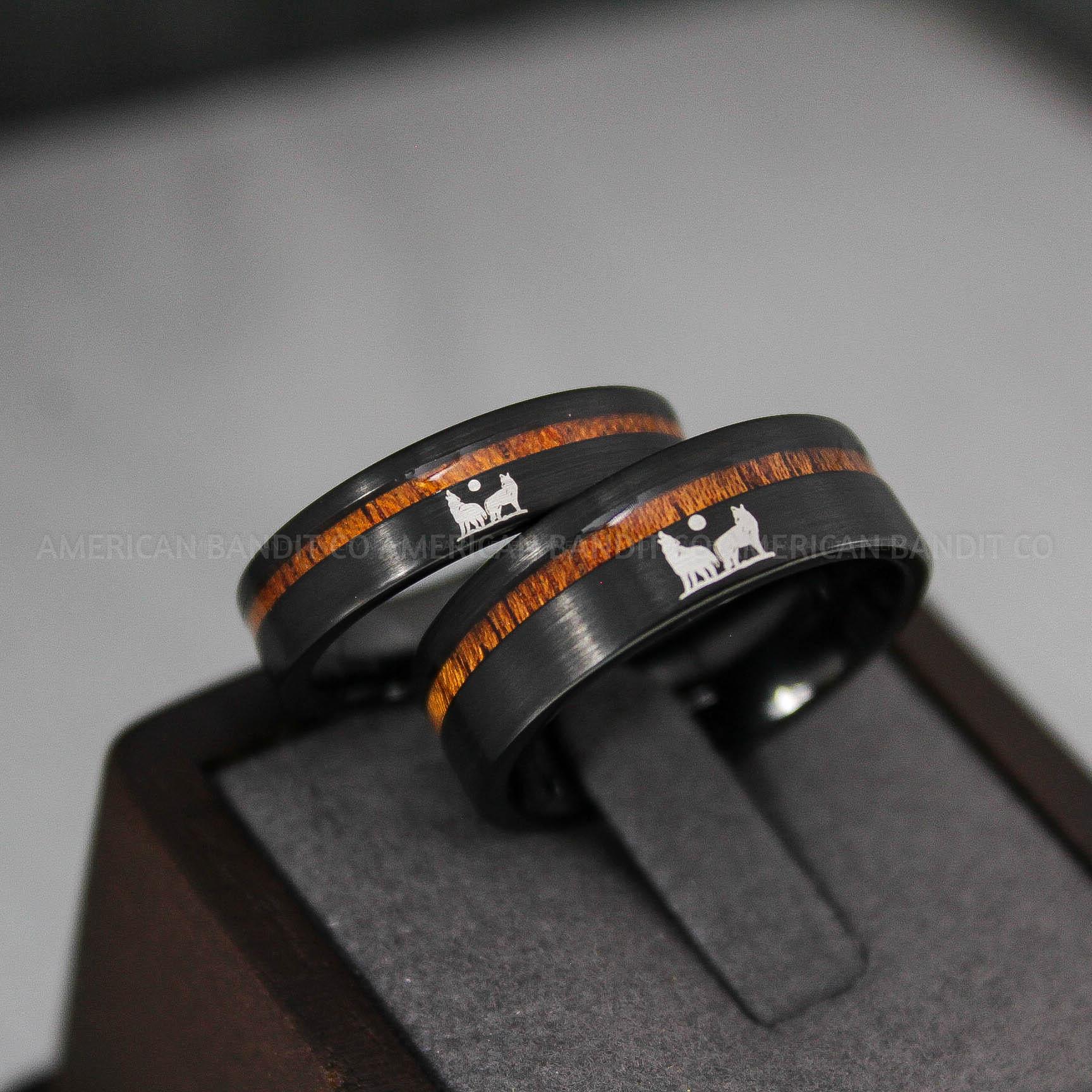 IMG_3031 Howling Wolves Ring, Wolf Ring, Couple Wedding Rings, Couple Rings, Wolves Ring, Wolf Howl Ring, Black Wedding Bands, Matching Wedding Rings - Image 1