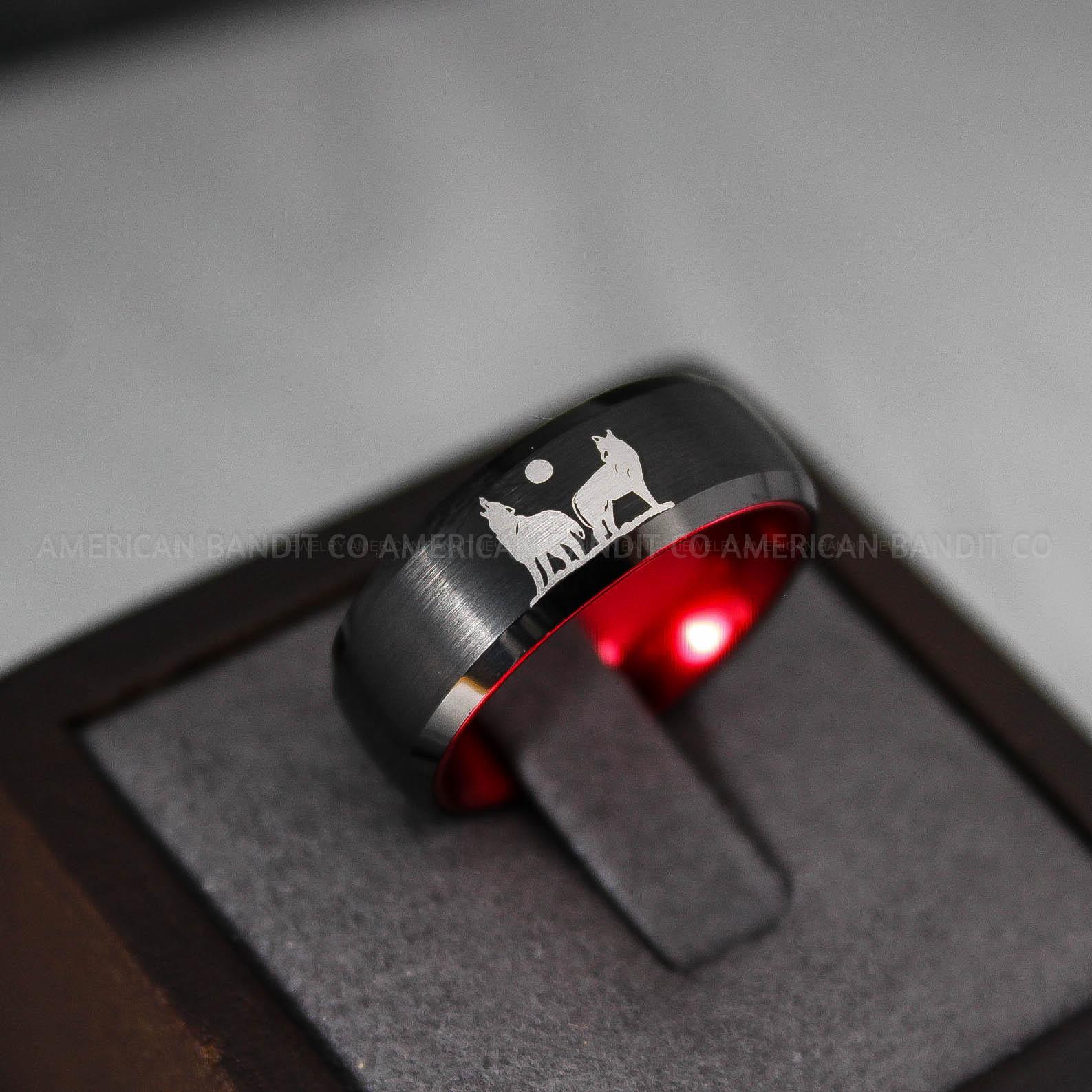 IMG_3070 Howling Wolves Ring, Wolf Ring, Couple Wedding Rings, Couple Rings, Wolves Ring, Wolf Howl Ring, Black Wedding Bands, Matching Wedding Rings - Image 1