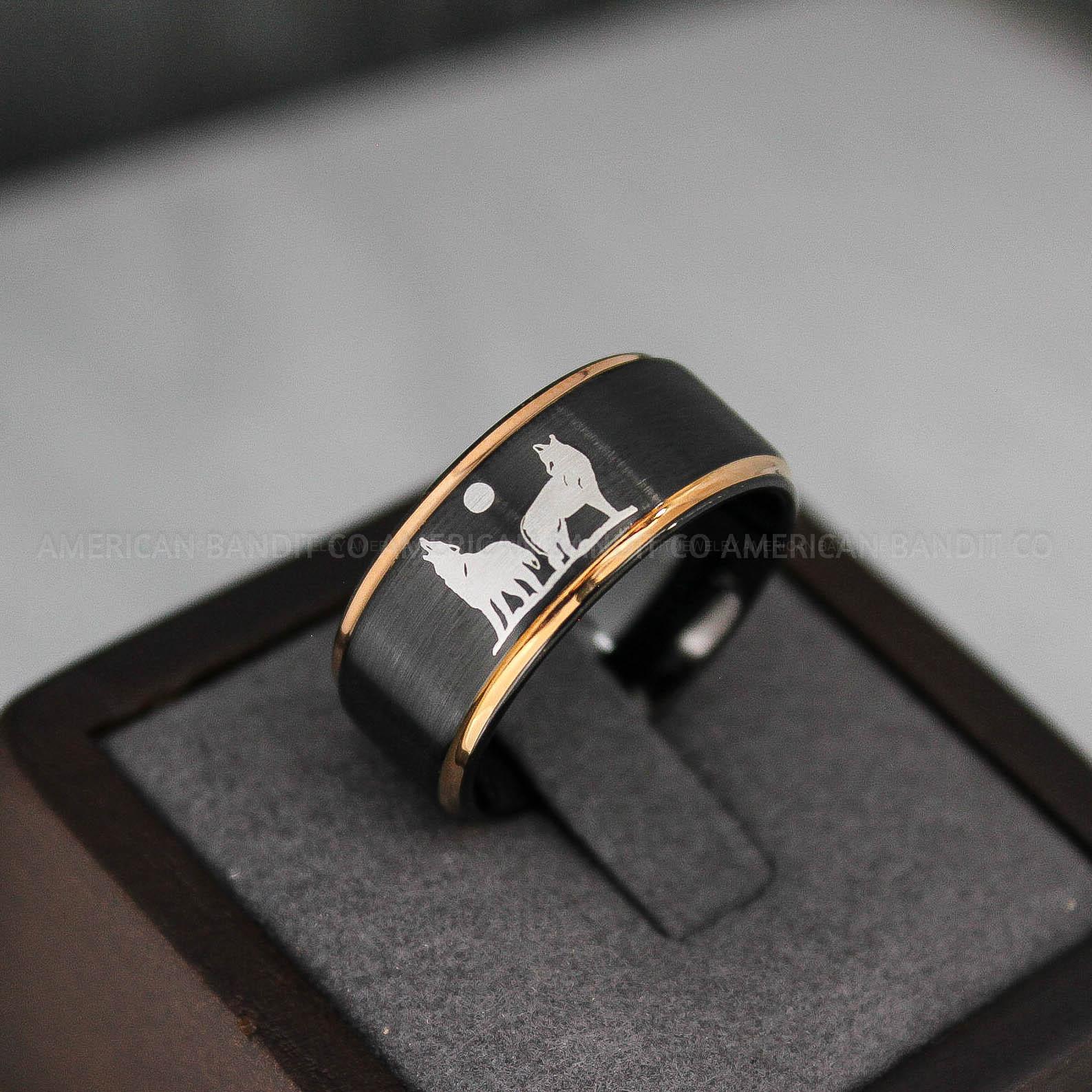 IMG_3092 Howling Wolves Ring, Wolf Ring, Couple Wedding Rings, Couple Rings, Wolves Ring, Wolf Howl Ring, Black Wedding Bands, Matching Wedding Rings - Image 1