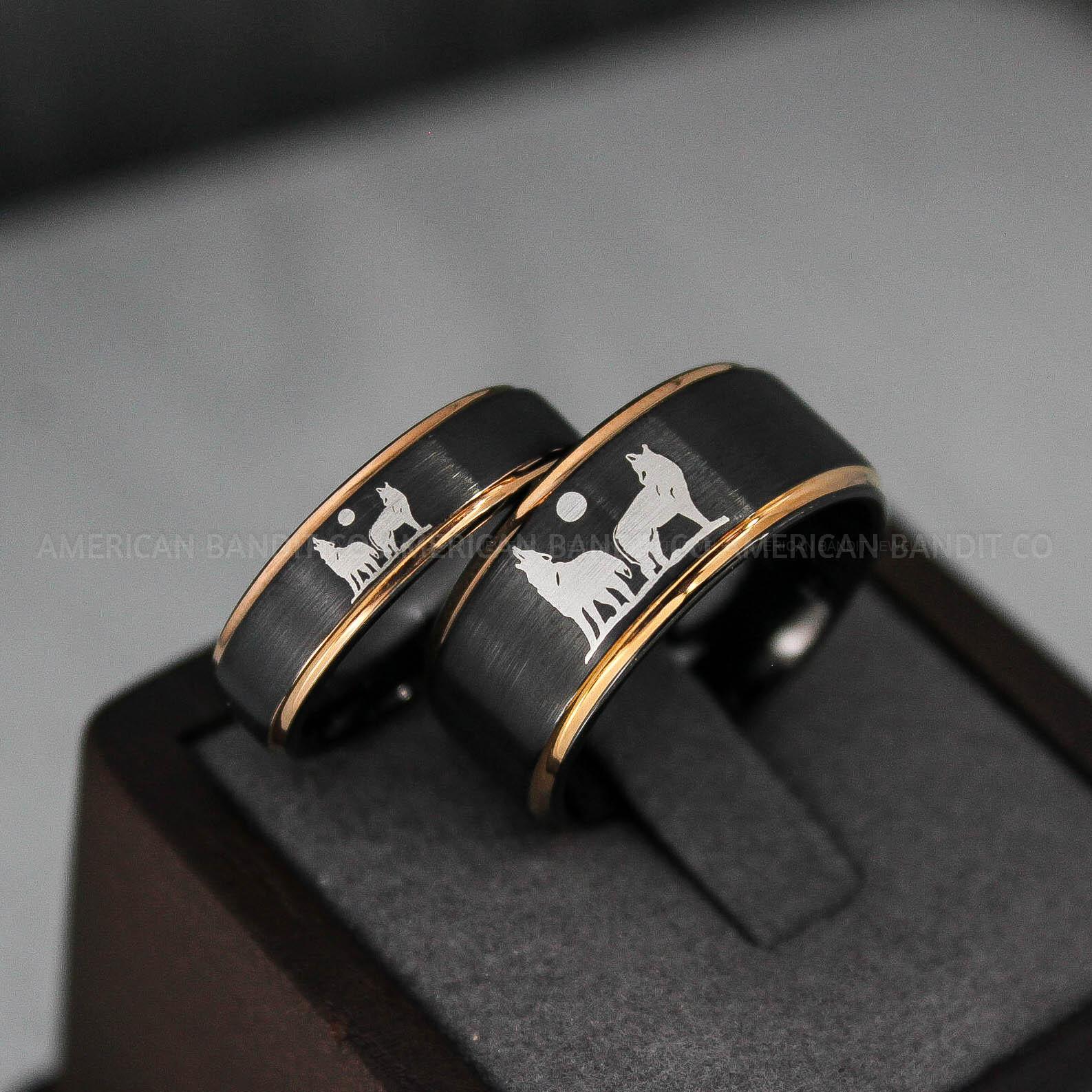 IMG_3093 Howling Wolves Ring, Wolf Ring, Couple Wedding Rings, Couple Rings, Wolves Ring, Wolf Howl Ring, Black Wedding Bands, Matching Wedding Rings - Image 1