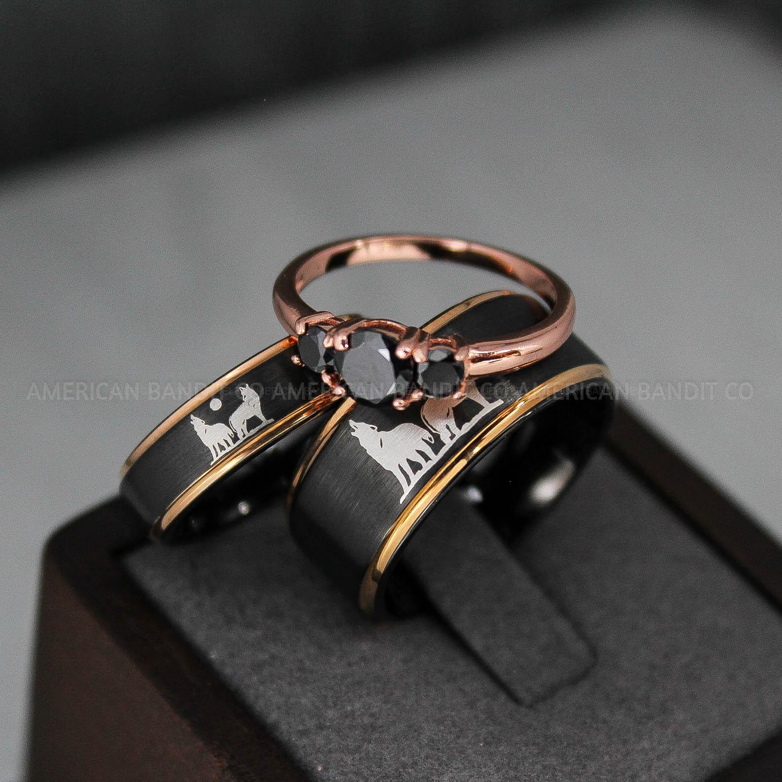 IMG_3094 Howling Wolves Ring, Wolf Ring, Couple Wedding Rings, Couple Rings, Wolves Ring, Wolf Howl Ring, Black Wedding Bands, Matching Wedding Rings - Image 1