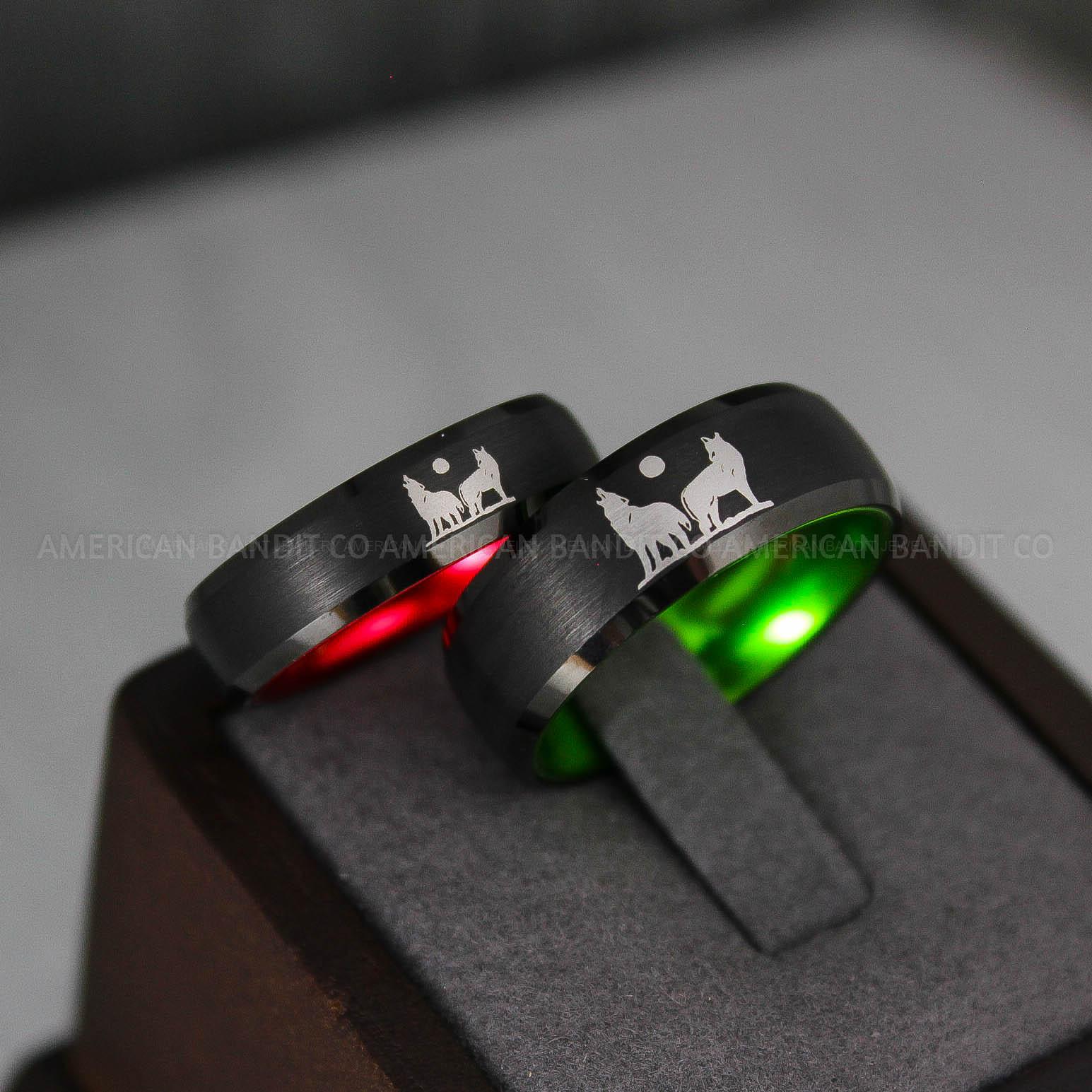 IMG_3155 Howling Wolves Ring, Wolf Ring, Couple Wedding Rings, Couple Rings, Wolves Ring, Wolf Howl Ring, Black Wedding Bands, Matching Wedding Rings - Image 1