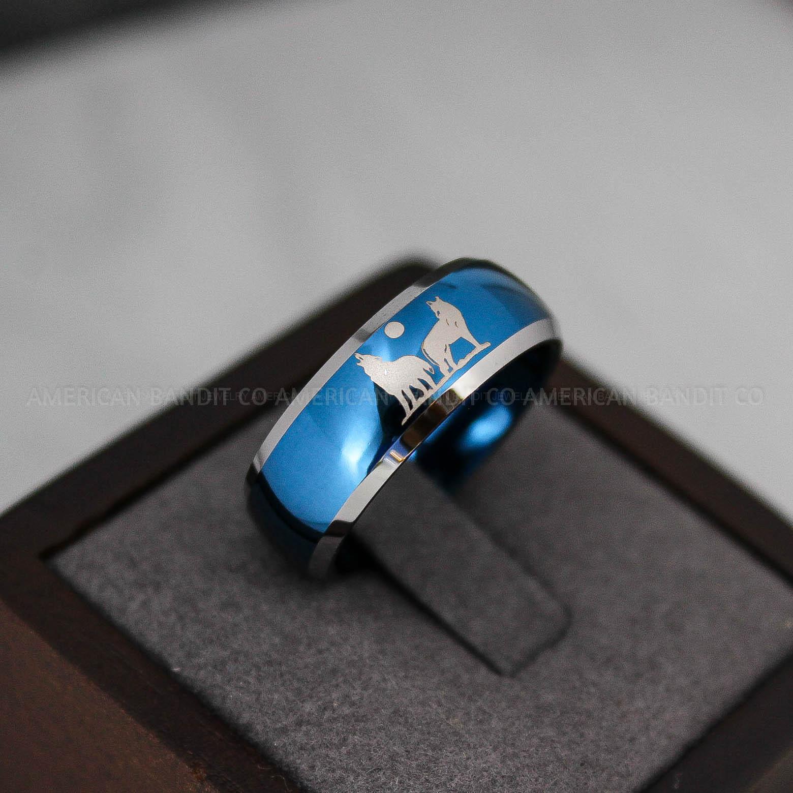 IMG_3210 Howling Wolves Ring, Wolf Ring, Blue Ring, Blue Tungsten Ring, Wolves Ring, Wolf Howl Ring, Blue Wedding Bands, Matching Wedding Rings - Image 1