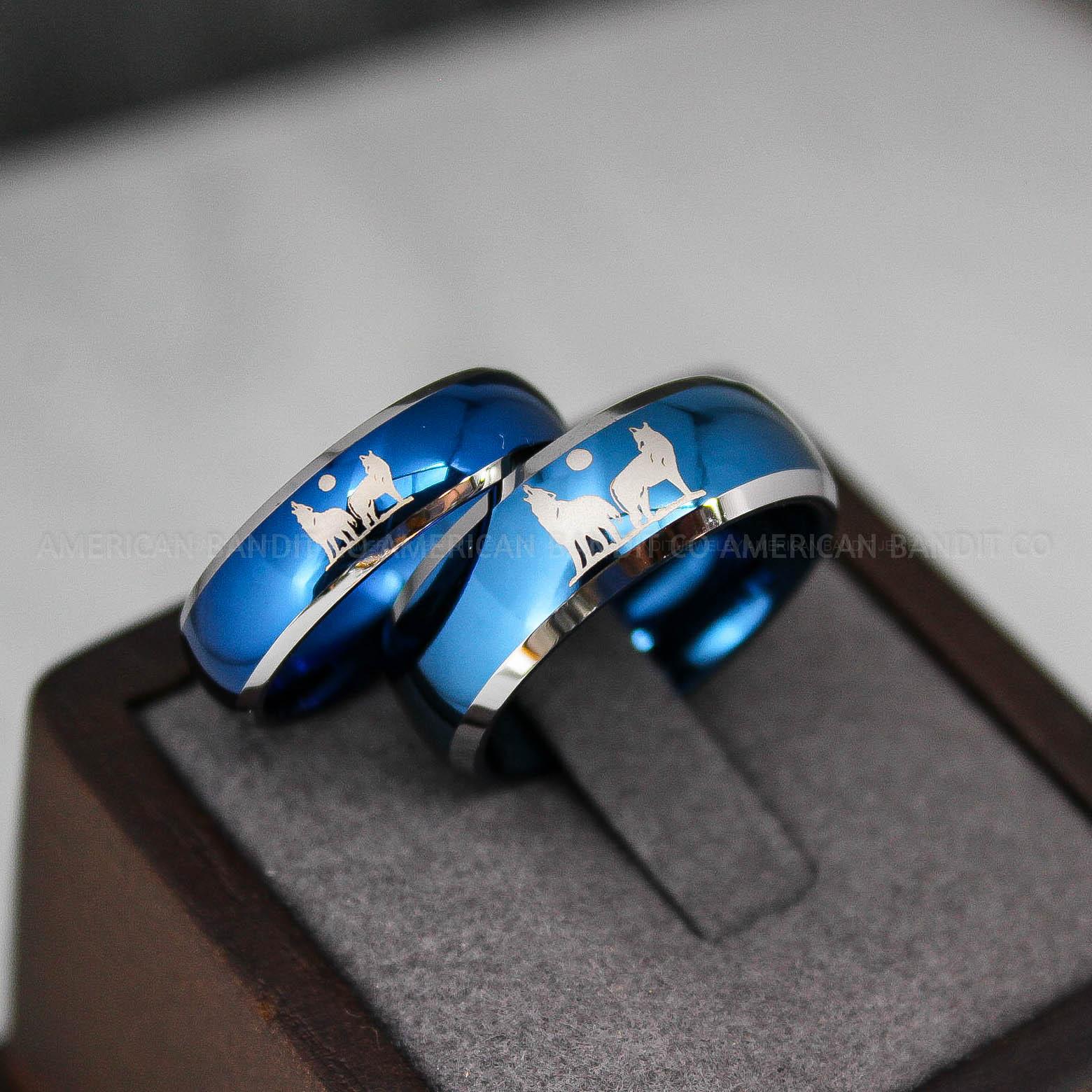 IMG_3213 Howling Wolves Ring, Wolf Ring, Blue Ring, Blue Tungsten Ring, Wolves Ring, Wolf Howl Ring, Blue Wedding Bands, Matching Wedding Rings - Image 1