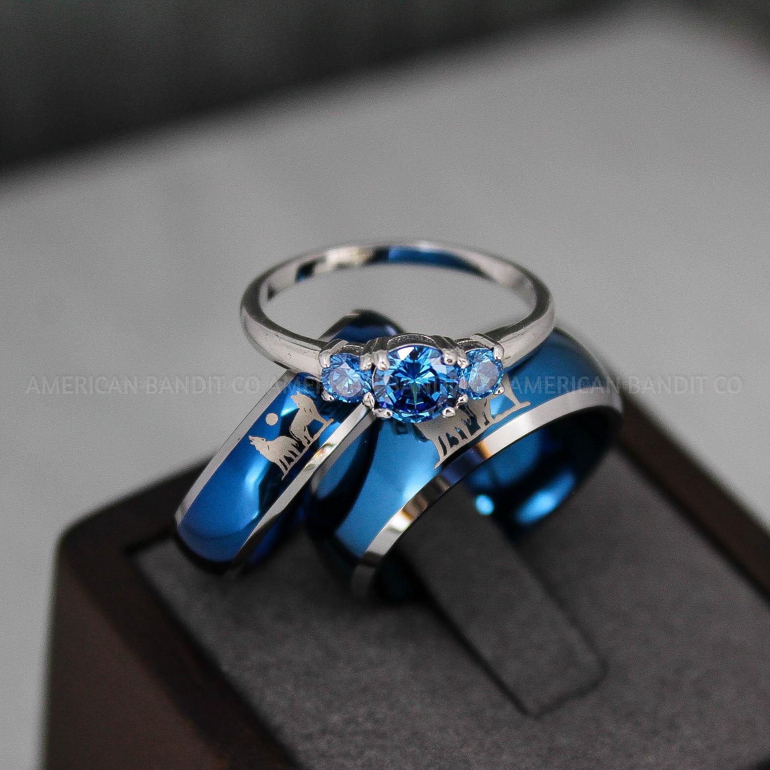 IMG_3214 Howling Wolves Ring, Wolf Ring, Blue Ring, Blue Tungsten Ring, Wolves Ring, Wolf Howl Ring, Blue Wedding Bands, Matching Wedding Rings - Image 1