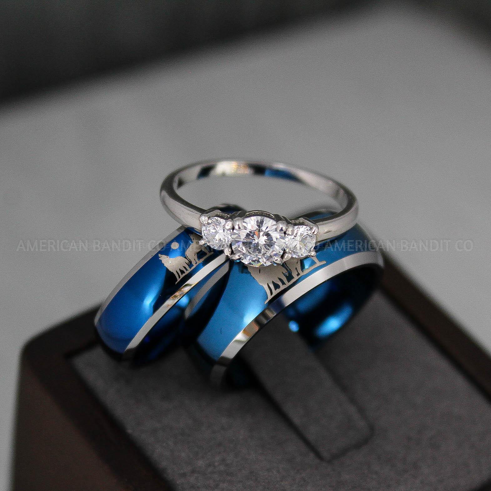 IMG_3215 Howling Wolves Ring, Wolf Ring, Blue Ring, Blue Tungsten Ring, Wolves Ring, Wolf Howl Ring, Blue Wedding Bands, Matching Wedding Rings - Image 1