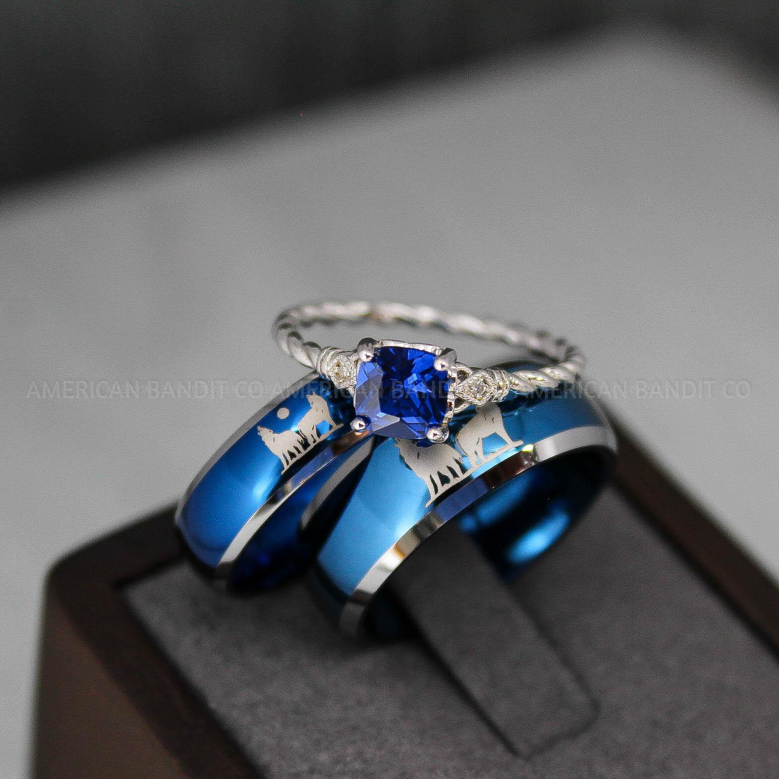 IMG_3217 Howling Wolves Ring, Wolf Ring, Blue Ring, Blue Tungsten Ring, Wolves Ring, Wolf Howl Ring, Blue Wedding Bands, Matching Wedding Rings - Image 1