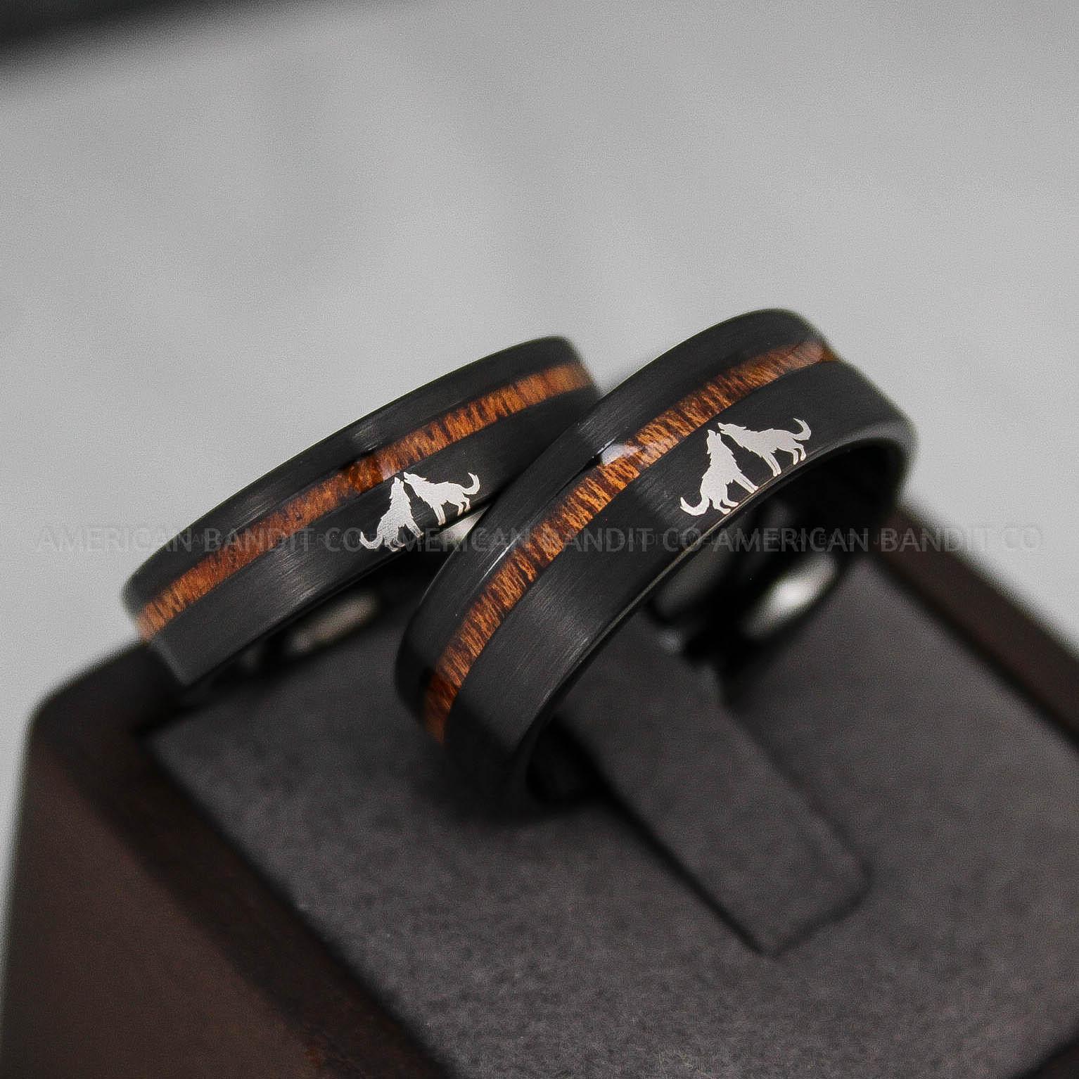 IMG_3237 Howling Wolves Ring, Wolf Ring, Couple Wedding Rings, Couple Rings, Wolves Ring, Wolf Howl Ring, Black Wedding Bands, Matching Wedding Rings - Image 1