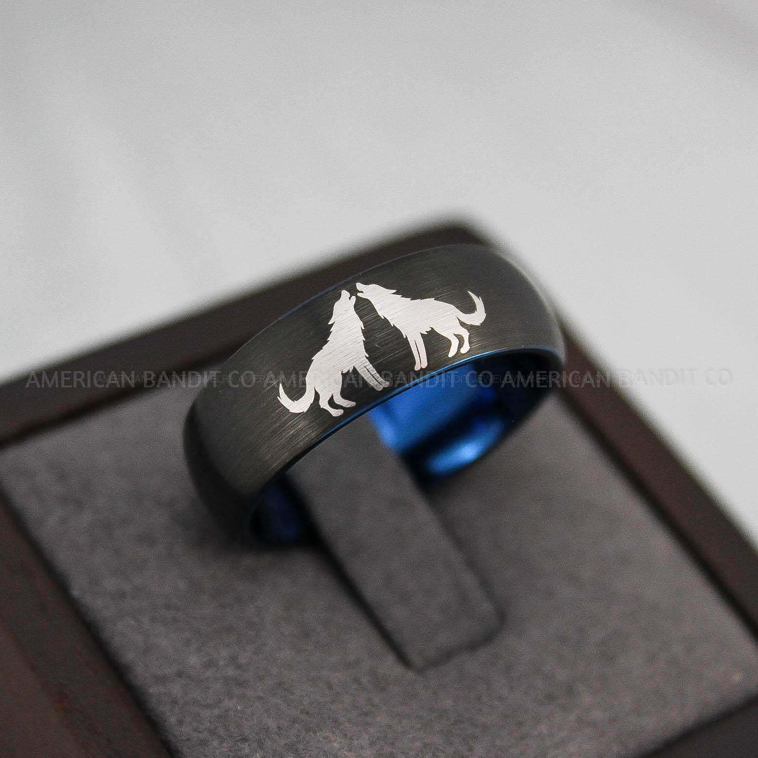 IMG_3247 Howling Wolves Ring, Wolf Ring, Black Ring, Black Tungsten Ring, Wolves Ring, Wolf Howl Ring, Black Wedding Bands, Matching Wedding Rings - Image 1