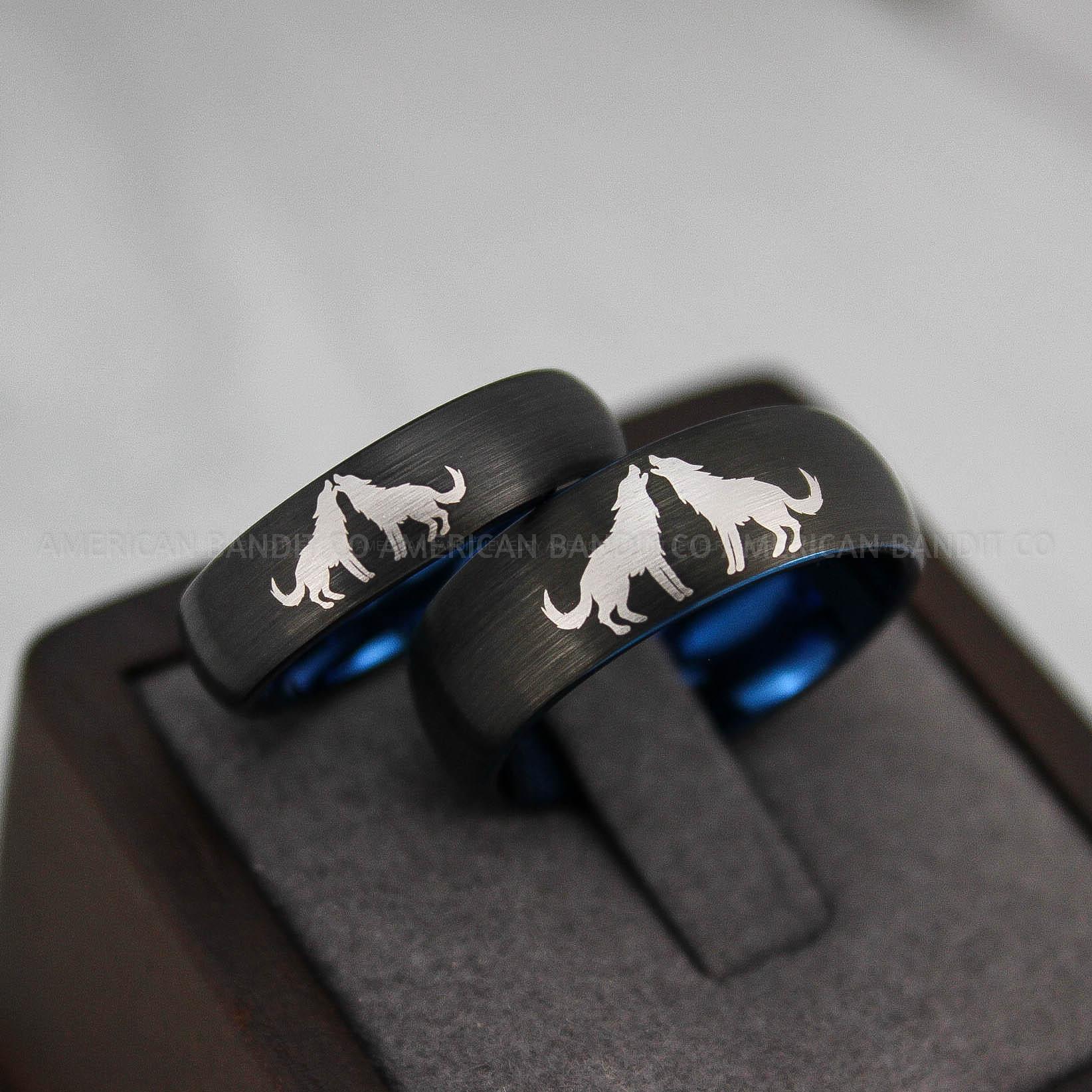 IMG_3248 Howling Wolves Ring, Wolf Ring, Couple Wedding Rings, Couple Rings, Wolves Ring, Wolf Howl Ring, Black Wedding Bands, Matching Wedding Rings - Image 1