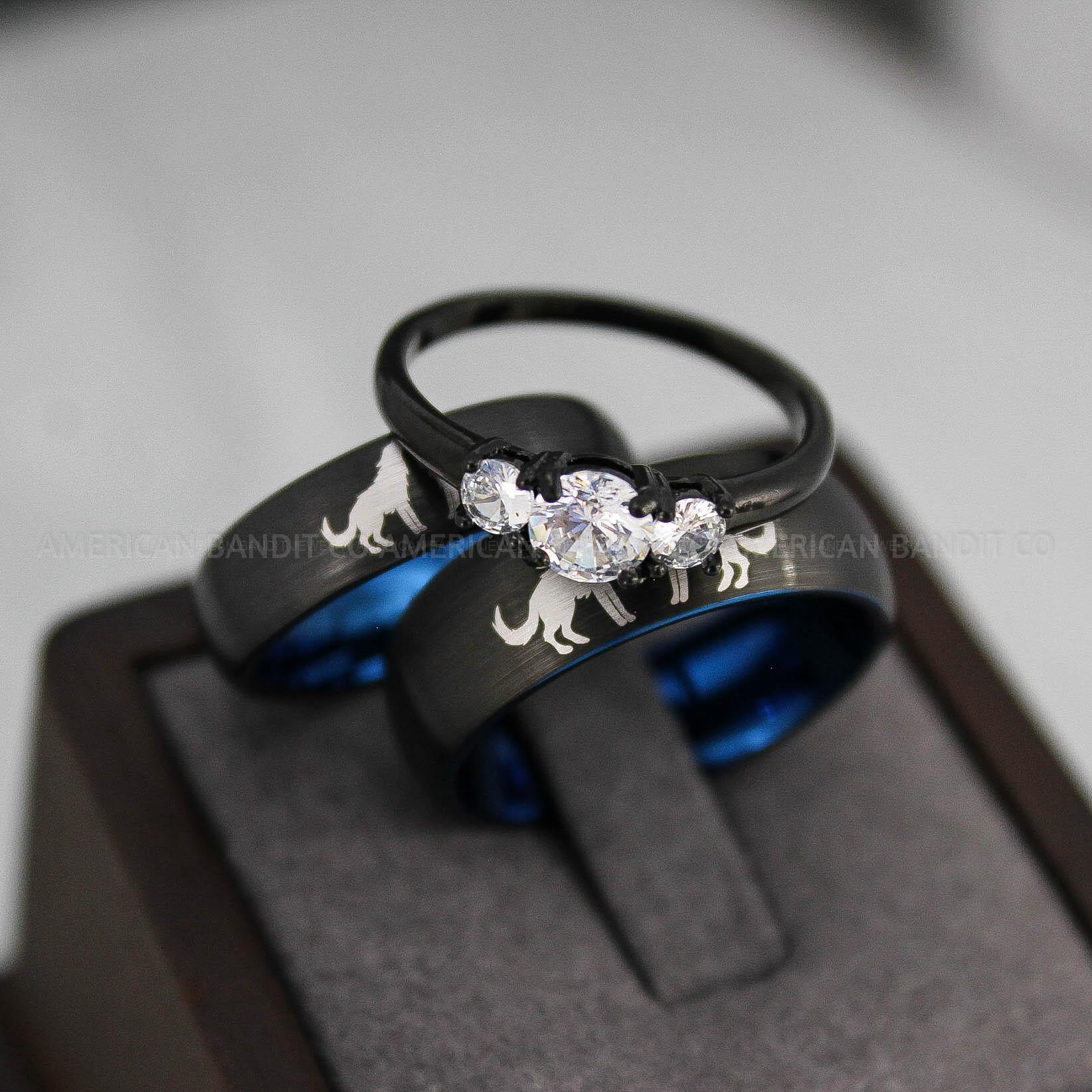 IMG_3251 Howling Wolves Ring, Wolf Ring, Couple Wedding Rings, Couple Rings, Wolves Ring, Wolf Howl Ring, Black Wedding Bands, Matching Wedding Rings - Image 1