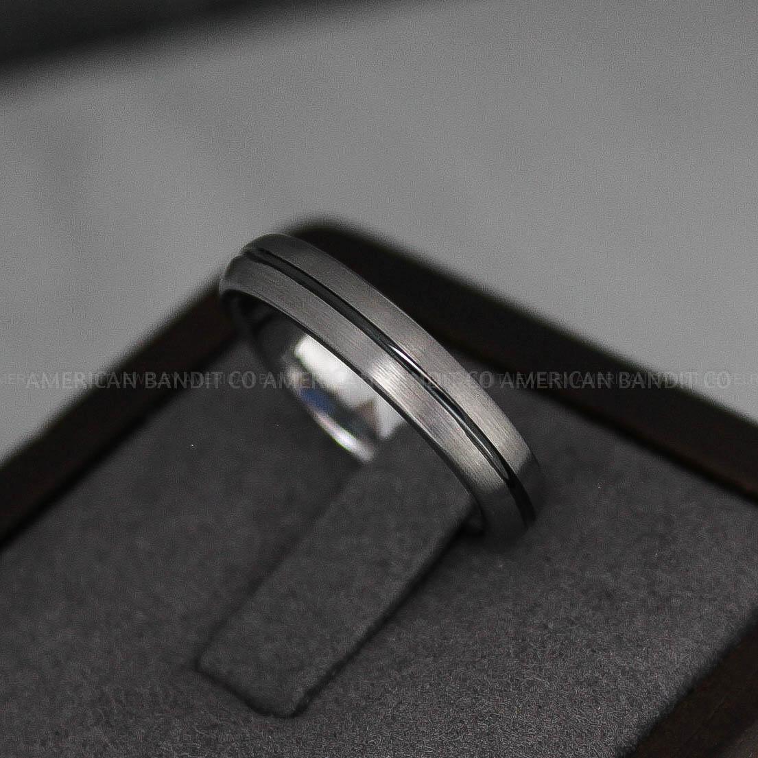 IMG_3280 Silver Wedding Ring, Black Wedding Band, Black Wedding Ring, Silver Wedding Band, 4mm Silver Wedding Band, Black Tungsten Ring with Groove - Image 1