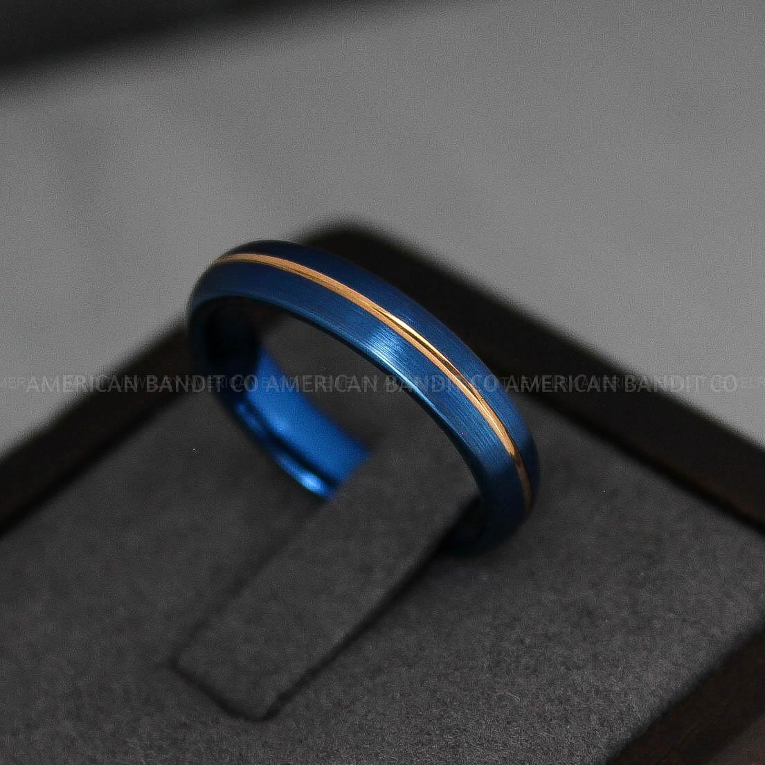 IMG_3281 Blue Wedding Ring, Blue Wedding Band, Blue Wedding Ring, Blue Wedding Band, 4mm Rose Gold Wedding Band, Blue Tungsten Ring with Groove - Image 1