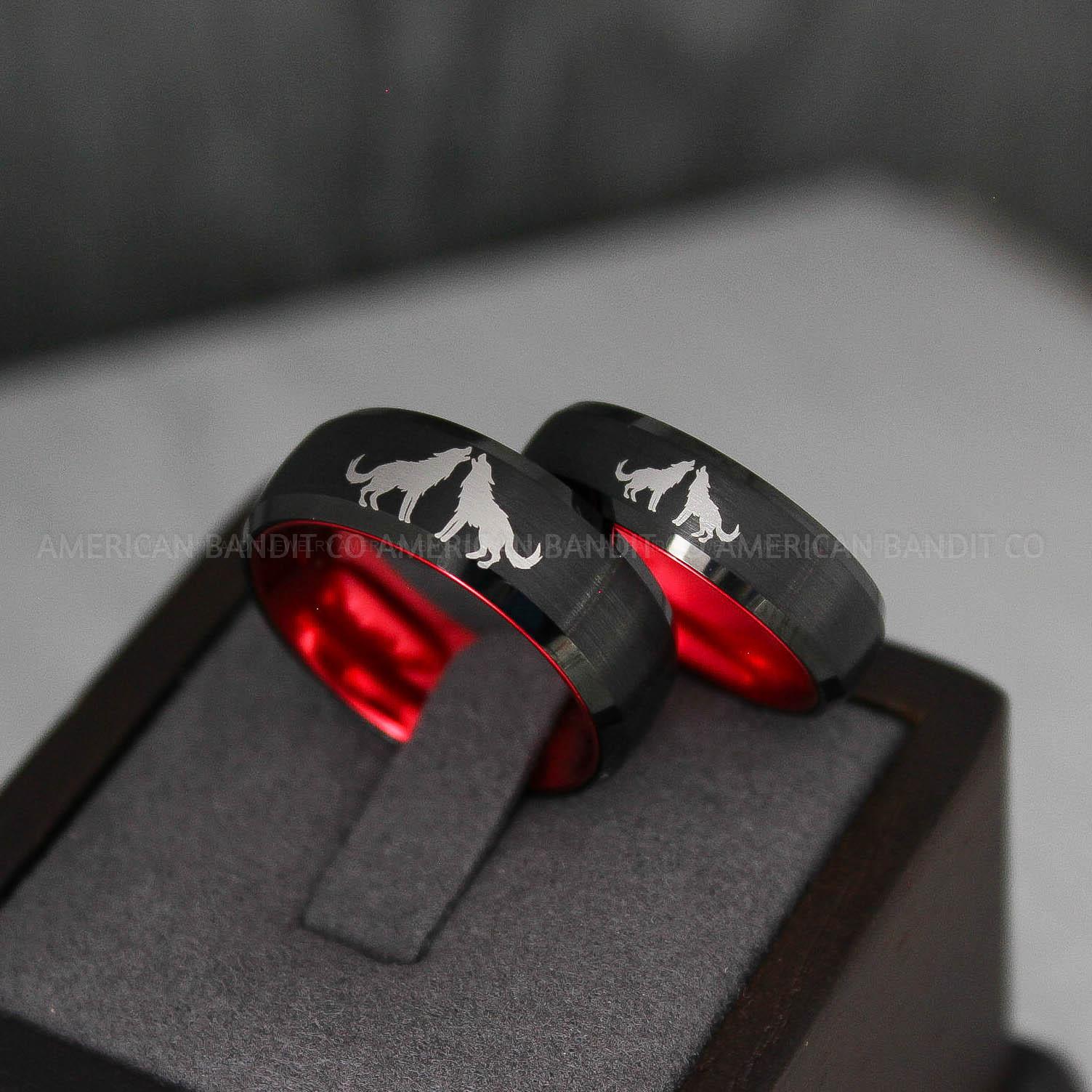 IMG_3305 Howling Wolves Ring, Wolf Ring, Couple Wedding Rings, Couple Rings, Wolves Ring, Wolf Howl Ring, Black Wedding Bands, Matching Wedding Rings - Image 1