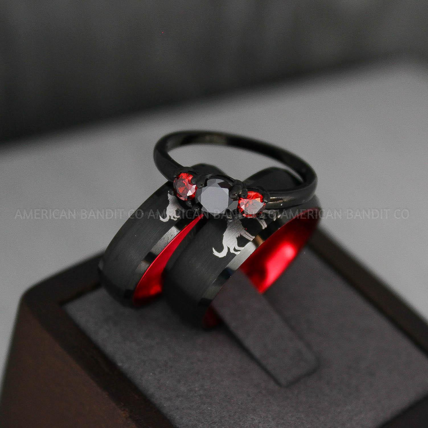 IMG_3310 Howling Wolves Ring, Wolf Ring, Couple Wedding Rings, Couple Rings, Wolves Ring, Wolf Howl Ring, Black Wedding Bands, Matching Wedding Rings - Image 1