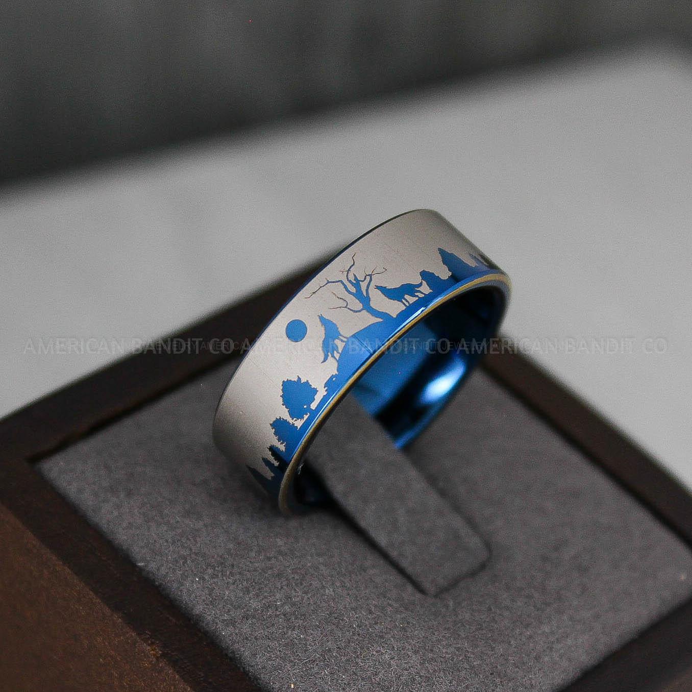 IMG_3321 Howling Wolves Ring, Wolf Ring, Blue Ring, Blue Tungsten Ring, Wolves Ring, Wolf Howl Ring, Blue Wedding Bands, Matching Wedding Rings - Image 1