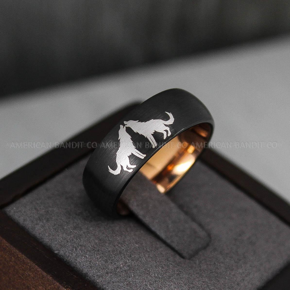 IMG_3338 Howling Wolves Ring, Wolf Ring, Black Ring, Black Tungsten Ring, Wolves Ring, Wolf Howl Ring, Black Wedding Bands, Matching Wedding Rings - Image 1