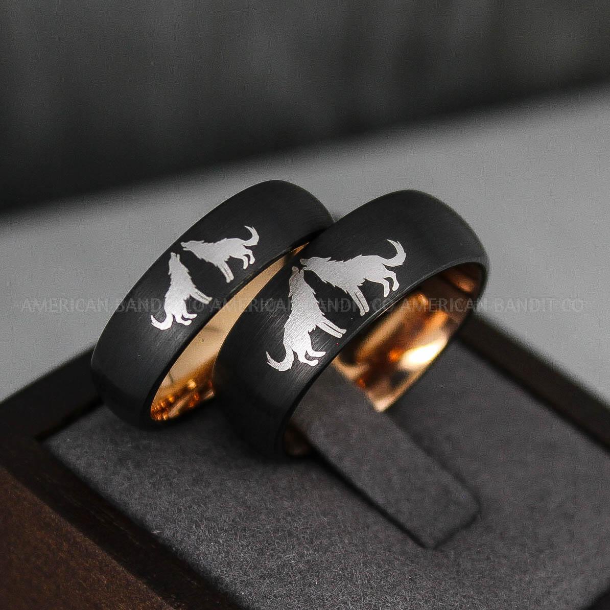 IMG_3339 Howling Wolves Ring, Wolf Ring, Black Ring, Black Tungsten Ring, Wolves Ring, Wolf Howl Ring, Black Wedding Bands, Matching Wedding Rings - Image 1
