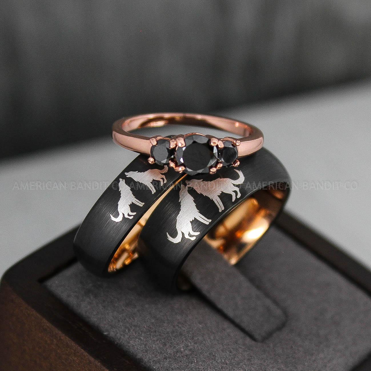 IMG_3341 Howling Wolves Ring, Wolf Ring, Black Ring, Black Tungsten Ring, Wolves Ring, Wolf Howl Ring, Black Wedding Bands, Matching Wedding Rings - Image 1