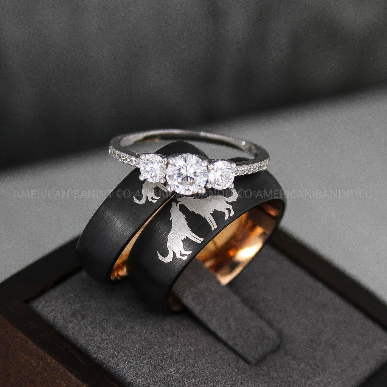 IMG_3344 Howling Wolves Ring, Wolf Ring, Black Ring, Black Tungsten Ring, Wolves Ring, Wolf Howl Ring, Black Wedding Bands, Matching Wedding Rings - Image 1