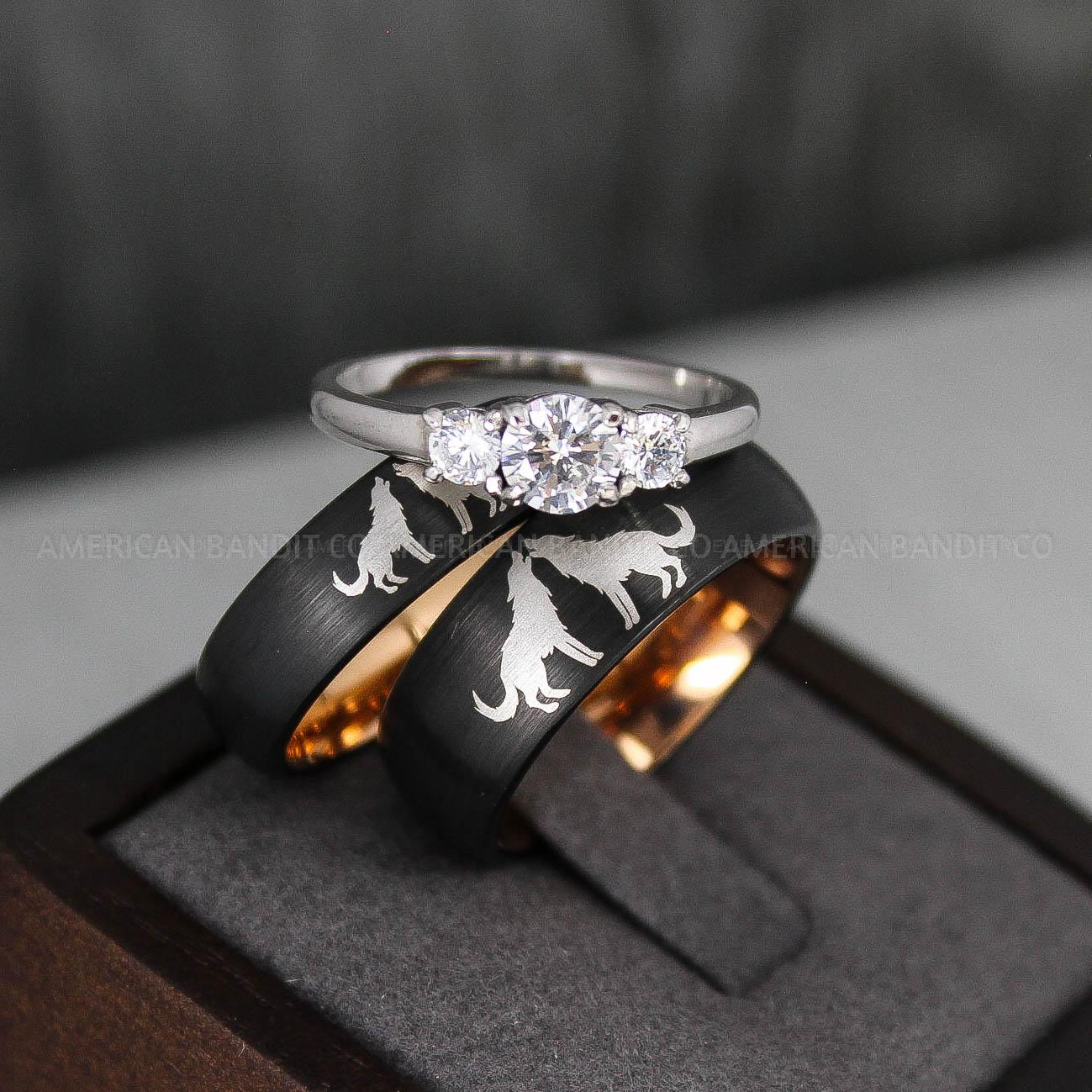 IMG_3345 Howling Wolves Ring, Wolf Ring, Black Ring, Black Tungsten Ring, Wolves Ring, Wolf Howl Ring, Black Wedding Bands, Matching Wedding Rings - Image 1