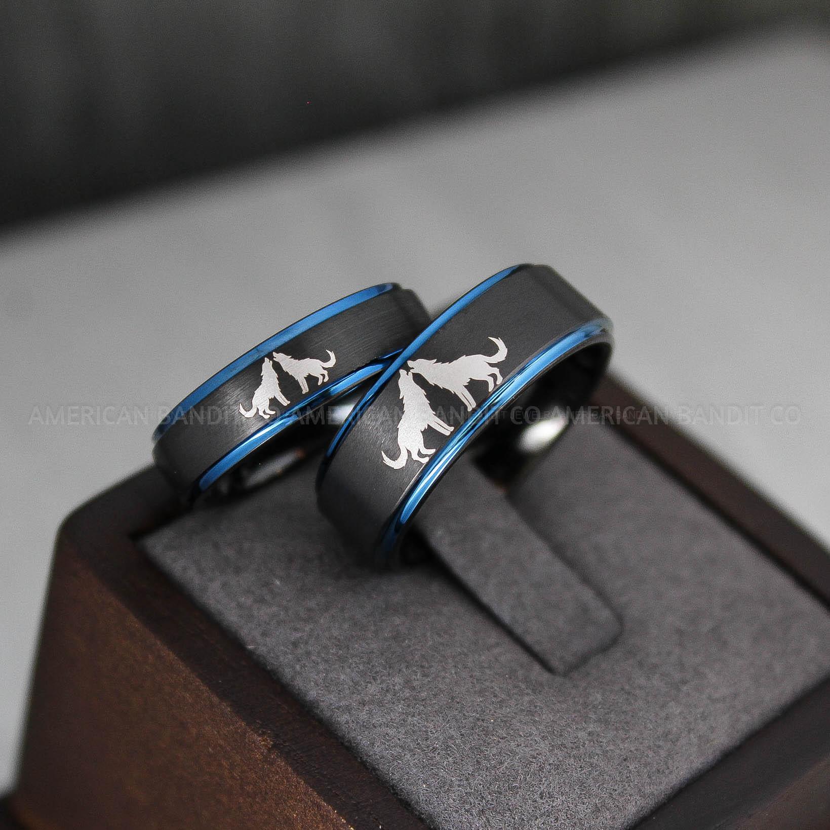 IMG_3383 Howling Wolves Ring, Wolf Ring, Couple Wedding Rings, Couple Rings, Wolves Ring, Wolf Howl Ring, Black Wedding Bands, Matching Wedding Rings - Image 1