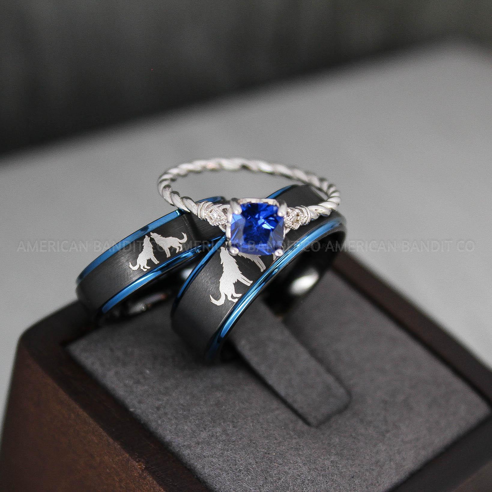 IMG_3385 Howling Wolves Ring, Wolf Ring, Couple Wedding Rings, Couple Rings, Wolves Ring, Wolf Howl Ring, Black Wedding Bands, Matching Wedding Rings - Image 1