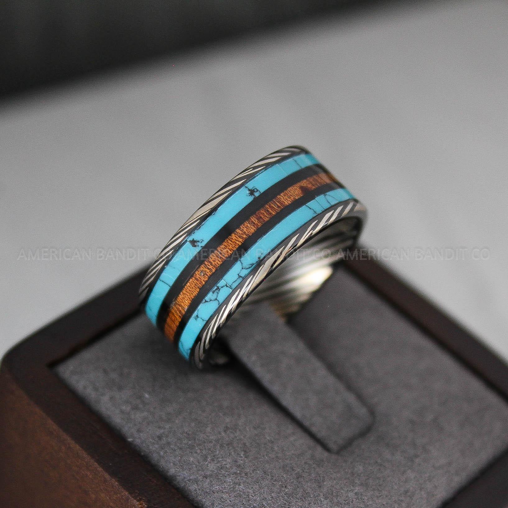 IMG_3410 10mm Damascus Steel Ring, Damascus Steel Wedding Ring, Black Turquoise Ring, Turquoise Wedding Ring, Turquoise Wedding Band, Turquoise Jewelry - Image 1