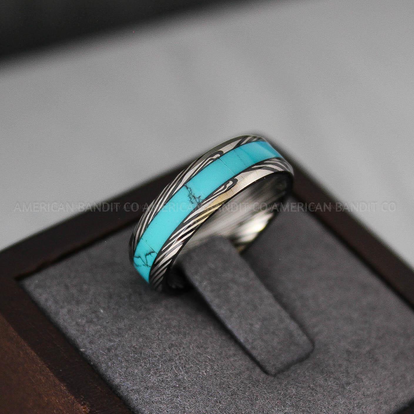 IMG_3414 Damascus Steel Ring, Damascus Steel Wedding Band, Black Turquoise Ring, Turquoise Wedding Ring, Turquoise Wedding Band, Turquoise Jewelry - Image 1