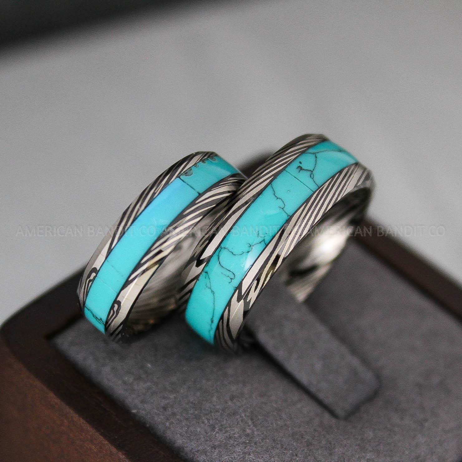 IMG_3416 Damascus Steel Rings, Damascus Steel Wedding Bands, Black Turquoise Rings, Turquoise Wedding Ring, Turquoise Wedding Band, Turquoise Jewelry - Image 1