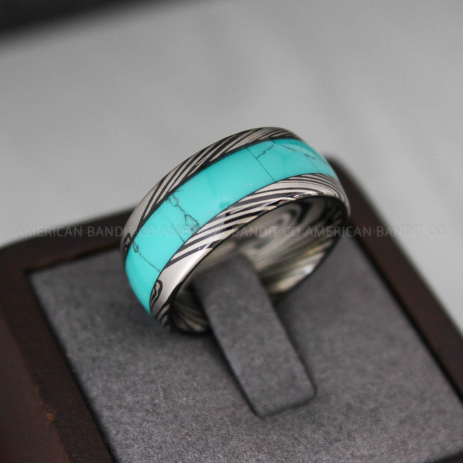 IMG_3418 Damascus Steel Rings, Damascus Steel Wedding Bands, Black Turquoise Rings, Turquoise Wedding Ring, Turquoise Wedding Band, Turquoise Jewelry - Image 1