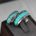 Damascus Steel Rings, Damascus Steel Wedding Bands, Black Turquoise Rings, Turquoise Wedding Ring, Turquoise Wedding Band, Turquoise Jewelry