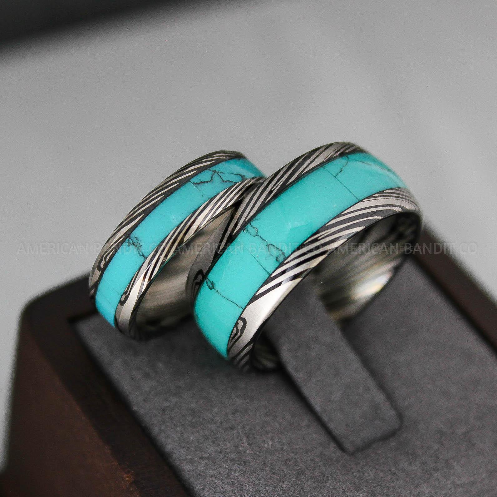 IMG_3419 Damascus Steel Rings, Damascus Steel Wedding Bands, Black Turquoise Rings, Turquoise Wedding Ring, Turquoise Wedding Band, Turquoise Jewelry - Image 1