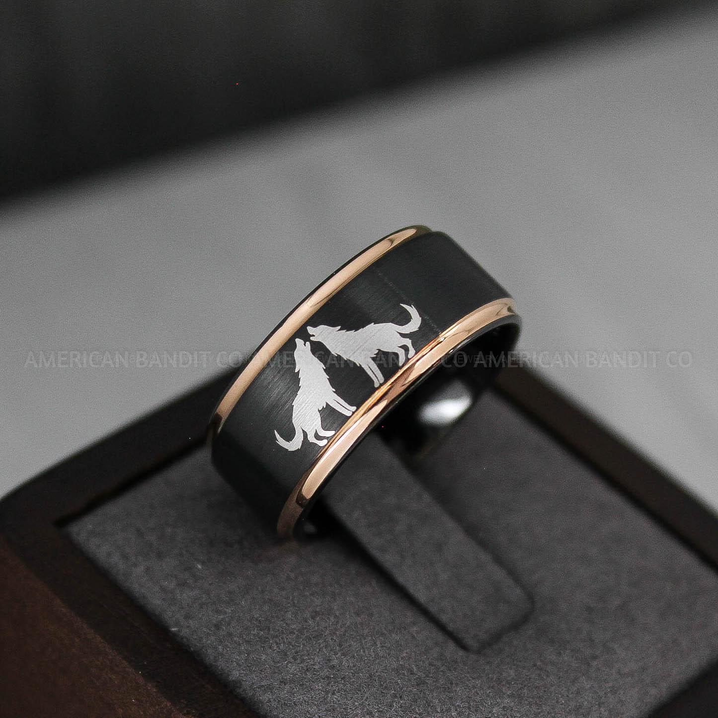 IMG_3429 Howling Wolves Ring, Wolf Ring, Black Wedding Ring, Wolves Ring, Wolf Howl Ring, Black Wedding Band - Image 1